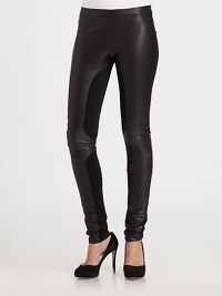 Wear now and love forever-- these lustrous leather leggings have modern contrast panels and a secure elastic waistband. Elastic waistbandRise, about 7Inseam, about 33Body: Lamb leather; Contrast: 85% polyester/15% spandexDry cleanImported of Italian fabricModel shown is 5'10 (177cm) wearing US size 2. Wear now and love forever-- these lustrous leather leggings have modern contrast panels and a secure elastic waistband. Elastic waistbandRise, about 7Inseam, about 33Body: Lamb leather; Contrast: 85% polyester/15% spandexDry cleanImported of Italian fabricModel shown is 5'10 (177cm) wearing US size 2.