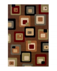Modern and eye-catching, this rug features an allover pattern of concentric squares in complementary shades of deep red, slate blue, olive and beige against a chocolate brown ground, lending a sense of intrigue as well as comfort to the room. Hand carved of plush 100% New Zealand wool. Modern and eye-catching, this rug features an allover pattern of concentric squares in complementary shades of deep red, slate blue, olive and beige against a chocolate brown ground, lending a sense of intrigue as well as comfort to the room. Hand carved of plush 100% New Zealand wool.