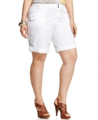 Pair all your new summer tops with INC's plus size roll-tab shorts, featuring cuffed or uncuffed styling. Pair all your new summer tops with INC's plus size roll-tab shorts, featuring cuffed or uncuffed styling.
