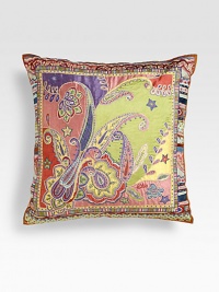 Kaleidoscopic swirls of paisley-style color on fine silk. Fringed edges18 squareSilk with polyfillDry cleanMade in Italy Kaleidoscopic swirls of paisley-style color on fine silk. Fringed edges18 squareSilk with polyfillDry cleanMade in Italy