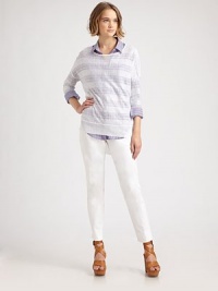 Lightweight, linen-rich scoopneck in a subtle stripe print with dropped shoulders, long dolman sleeves and a modern hi-low hem. ScoopneckDropped shouldersLong dolman sleevesBanded cuffs and hemHi-low hem74% linen/26% viscoseDry cleanImported of Italian fabricModel shown is 5'10 (177cm) wearing US size Small.