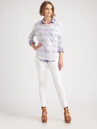 Lightweight, linen-rich scoopneck in a subtle stripe print with dropped shoulders, long dolman sleeves and a modern hi-low hem. ScoopneckDropped shouldersLong dolman sleevesBanded cuffs and hemHi-low hem74% linen/26% viscoseDry cleanImported of Italian fabricModel shown is 5'10 (177cm) wearing US size Small.