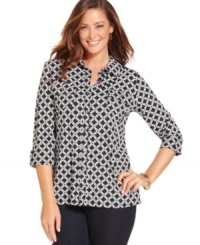 Charter Club's plus size printed shirt is a must-have for your work wardrobe-- complete the look with trousers. Charter Club's plus size printed shirt is a must-have for your work wardrobe-- complete the look with trousers.