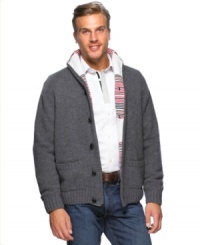 Add a preppy layer to your look this season with this tartan lined sweater jacket from Argyleculture. Add a preppy layer to your look this season with this tartan lined sweater jacket from Argyleculture.