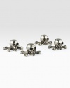 Essential for the well-appointed home, this stunning set includes four silver-tone skull-and-crossbones place card holders, and 12 blank cards. Set of 4Silverplated brass1¾L X 2½HImported
