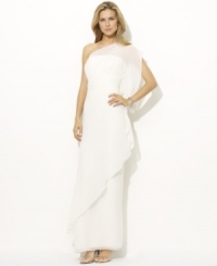 A dramatic floor-skimming gown in elegant airy georgette is beautifully accented with a lush cascade of ruffles and delicate ruching from Lauren by Ralph Lauren. A dramatic floor-skimming gown in elegant airy georgette is beautifully accented with a lush cascade of ruffles and delicate ruching from Lauren by Ralph Lauren.