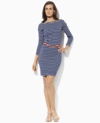 A sleek-fitting petite cotton jersey dress from Lauren by Ralph Lauren is steeped in nautical inspiration, finished with allover horizontal stripes and a chic rope belt. (Clearance) A sleek-fitting petite cotton jersey dress from Lauren by Ralph Lauren is steeped in nautical inspiration, finished with allover horizontal stripes and a chic rope belt. (Clearance)