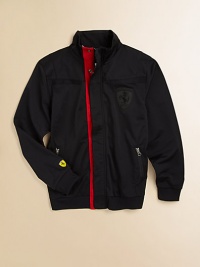 A tricot, zip-front jacket with zip pockets, Ferrari crest and Puma logo for cozy, cool style.Stand collarLong sleevesConcealed zip front with snap storm placketSlash zip pocketsPolyesterMachine washImported A tricot, zip-front jacket with zip pockets, Ferrari crest and Puma logo for cozy, cool style.Stand collarLong sleevesConcealed zip front with snap storm placketSlash zip pocketsPolyesterMachine washImported
