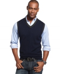 Trim it out. This wool-blend sweater vest from Club Room shows you pay attention to detail. Trim it out. This wool-blend sweater vest from Club Room shows you pay attention to detail.