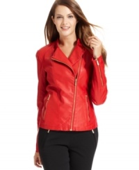 Calvin Klein's faux leather jacket is extra bold with a saturated red hue and an asymmetrical zipper closure. Calvin Klein's faux leather jacket is extra bold with a saturated red hue and an asymmetrical zipper closure.