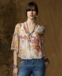 Delicate lace and an earthy floral watercolor pattern create a whisper of vintage romance on Denim & Supply Ralph Lauren's crinkled chiffon butterfly blouse, perfect for pairing with edgier pieces for a look that defines modern femininity. Delicate lace and an earthy floral watercolor pattern create a whisper of vintage romance on Denim & Supply Ralph Lauren's crinkled chiffon butterfly blouse, perfect for pairing with edgier pieces for a look that defines modern femininity.