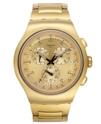 A timeless structured Golden Block watch with golden tones and Swiss precision, by Swatch. A timeless structured Golden Block watch with golden tones and Swiss precision, by Swatch.