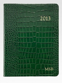 Organize your day, week, month and year in this vertically-formatted desk diary.Hand-crafted, Smyth-sewn crocodile-embossed leather coverGilt-edged acid-free creamy white paperAbout 7W X 9¼HMade in USA Organize your day, week, month and year in this vertically-formatted desk diary.Hand-crafted, Smyth-sewn crocodile-embossed leather coverGilt-edged acid-free creamy white paperAbout 7W X 9¼HMade in USA