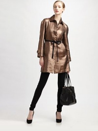 It has never been easier to make a fantastic first impression than donning this lamé jacket. This belted style will also create a more defined silhouette.Collar neckThree-quarter sleevesSlash pocketsBelted styleAbout 33 from shoulder to hem40% polyester/30% acrylic/30% cottonDry cleanImported Model shown is 5'9½ (176cm) wearing US size Small. It has never been easier to make a fantastic first impression than donning this lamé jacket. This belted style will also create a more defined silhouette.Collar neckThree-quarter sleevesSlash pocketsBelted styleAbout 33 from shoulder to hem40% polyester/30% acrylic/30% cottonDry cleanImported Model shown is 5'9½ (176cm) wearing US size Small.