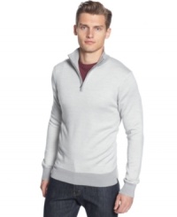 Take the edge of and make a great presentation with Calvin Klein's merino quarter zip pullover sweater. Take the edge of and make a great presentation with Calvin Klein's merino quarter zip pullover sweater.