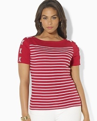 A timeless boatneck tee in lightweight, fine-ribbed cotton channels modern style with sleek stripes and chic lace-up detailing at the sleeves. A timeless boatneck tee in lightweight, fine-ribbed cotton channels modern style with sleek stripes and chic lace-up detailing at the sleeves.