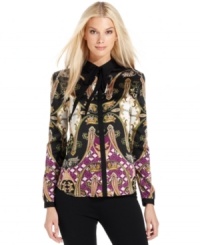 Vince Camuto's shirt features a removable tie at the neckline and a posh print that's perfect for infusing rich jewel tones into your fall wardrobe. Vince Camuto's shirt features a removable tie at the neckline and a posh print that's perfect for infusing rich jewel tones into your fall wardrobe.