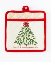 Bring a touch of Christmas magic to your culinary creations with the Holiday Tree pot mitt from Lenox. Featuring a festive tree motif and cheerful red trim. Bring a touch of Christmas magic to your culinary creations with the Holiday Tree pot mitt from Lenox. Featuring a festive tree motif and cheerful red trim.