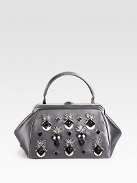 Satin bag with embroidery, crystals and beads.Top handle, 4 dropPush-lock closureOne inside zip pocketTwo inside open pocketsSatin lining10½W X 6½H X 6¾DMade in Italy Satin bag with embroidery, crystals and beads.Top handle, 4 dropPush-lock closureOne inside zip pocketTwo inside open pocketsSatin lining10½W X 6½H X 6¾DMade in Italy