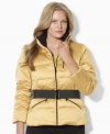 A modernized classic, Lauren Ralph Lauren's plus size mockneck down jacket is given a chic belt for a slimming and stylish look.