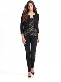 THE LOOKScoop neckline ¾ sleeves Button frontTHE FITAbout 15 from shoulder to hemTHE MATERIAL75% rayon/21% nylon/4% spandexCARE & ORIGINDry clean Imported THE LOOKScoop neckline ¾ sleeves Button frontTHE FITAbout 15 from shoulder to hemTHE MATERIAL75% rayon/21% nylon/4% spandexCARE & ORIGINDry clean Imported