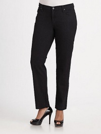 Soft, lightweight denim enhanced with stretch for added comfort and a smooth, sleek fit.THE FITFitted from hip to hem Straight, narrow leg Rise, about 8¾ Inseam, about 29THE DETAILSFront zipper and button Five-pocket design Contrast stitching Cotton/polyester/Lycra Machine wash Made in USA Soft, lightweight denim enhanced with stretch for added comfort and a smooth, sleek fit.THE FITFitted from hip to hem Straight, narrow leg Rise, about 8¾ Inseam, about 29THE DETAILSFront zipper and button Five-pocket design Contrast stitching Cotton/polyester/Lycra Machine wash Made in USA