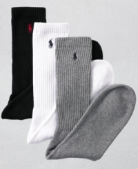 Cushioned for the avid walker or runner, this handsome casual sock features a ribbed top with embroidered logo at ankle. Cushioned for the avid walker or runner, this handsome casual sock features a ribbed top with embroidered logo at ankle.
