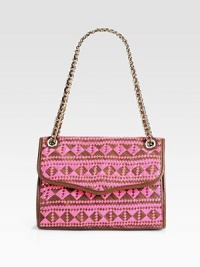 Contrasting woven leather forms an opulent motif on this flap-top shape, finished with a patent leather and chain strap. Adjustable patent leather and chain shoulder strap, 9-16 dropSnap flap closureOne outside open pocketOne inside zip pocketThree inside open pocketsCotton lining10½W X 7½H X 3DImported Contrasting woven leather forms an opulent motif on this flap-top shape, finished with a patent leather and chain strap. Adjustable patent leather and chain shoulder strap, 9-16 dropSnap flap closureOne outside open pocketOne inside zip pocketThree inside open pocketsCotton lining10½W X 7½H X 3DImported