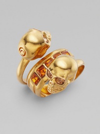 A simple ring with princess stones is punctuated with twin skulls, for a punk-rock twist.Crystal Brass Diameter, ¾ Width, ½ Made in Italy A simple ring with princess stones is punctuated with twin skulls, for a punk-rock twist.Crystal Brass Diameter, ¾ Width, ½ Made in Italy
