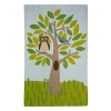 A wide-eyed owl perches on a leafy tree in shades of soft blue, green, brown and grey.