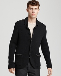 A cardigan-style jacket from John Varvatos Star USA, brought to life with faux-leather trim at the collar, elbows and back. A cardigan-style jacket from John Varvatos Star USA, brought to life with faux-leather trim at the collar, elbows and back.