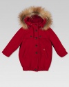 Button-front, wool-blend, felt parka with attached hood, fox fur trim, tone-on-tone GG lining and metal interlocking Gucci detail.Attached hoodLong sleevesFront button placketTwo buttoned storm flapsAngled pocketsElasticized hem70% wool/20% polyamide/10% cashmereDry cleanMade in ItalyFox fur: Finland, Denmark and Canada Please note: Number of buttons may vary depending on size ordered. 