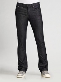 Saturated, dark-wash denim is designed with a slim fit through the waist and relaxed, straight legs. Five-pocket style Zip fly Inseam, 33/34 Cotton/elastene; machine wash Imported