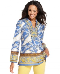 A chic status print and rhinestone-studded neckline instantly elevates Charter Club's petite tunic, rendered from crisp cotton. A chic status print and rhinestone-studded neckline instantly elevates Charter Club's petite tunic, rendered from crisp cotton.