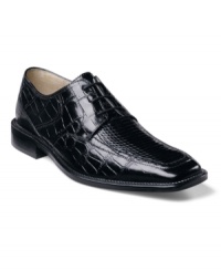 Tap into your adventurous side and lace up in these exotic-printed moc toe oxford men's dress shoes from Stacy Adams. Tap into your adventurous side and lace up in these exotic-printed moc toe oxford men's dress shoes from Stacy Adams.