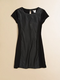 Bold, beautiful and super fun, this classic silhouette gets a kick with a cool faux-leather front panel.Jewel necklineCap sleevesBack keyhole with button closureBody: 96% polyester/4% spandexFaux-leather panel and lining: polyesterMachine washImported Bold, beautiful and super fun, this classic silhouette gets a kick with a cool faux-leather front panel.Jewel necklineCap sleevesBack keyhole with button closureBody: 96% polyester/4% spandexFaux-leather panel and lining: polyesterMachine washImported