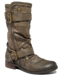 R2's Hilaria motorcycle booties are buckled-up and slouchy with that perfect gritty, worn-in look already built in. R2's Hilaria motorcycle booties are buckled-up and slouchy with that perfect gritty, worn-in look already built in.