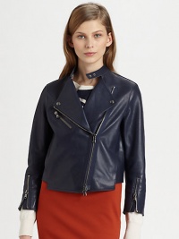 Modern approach to the classic biker jacket, this soft leather topper has asymmetrical zippers, oversized spread collar and an uneven hem. Snap closures at necklineSpread collar with snap closuresAsymmetrical zipperSingle front zipper pocketLong sleeves with zippered cuffsFully linedAbout 20 from shoulder to hemLeatherDry clean with leather specialistImportedModel shown is 5'10 (177cm) wearing US size 2. Modern approach to the classic biker jacket, this soft leather topper has asymmetrical zippers, oversized spread collar and an uneven hem. Snap closures at necklineSpread collar with snap closuresAsymmetrical zipperSingle front zipper pocketLong sleeves with zippered cuffsFully linedAbout 20 from shoulder to hemLeatherDry clean with leather specialistImportedModel shown is 5'10 (177cm) wearing US size 2.