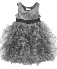 Bonnie Jean will have her adorned in a flurry of metallic ruffles with this party-ready dress. Bonnie Jean will have her adorned in a flurry of metallic ruffles with this party-ready dress.