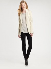An irresistible take on the classic blazer, this sleek design features creamy leather to complement its crisp, clean lines. Leather along notched collarLong sleevesLeather trimButton closureWelt pocketsFully linedAbout 28 from shoulder to hem48% polyester/48% viscose/4% elastaneDry clean by leather specialistImported Model shown is 5'10 (177cm) wearing US size 4. An irresistible take on the classic blazer, this sleek design features creamy leather to complement its crisp, clean lines. Leather along notched collarLong sleevesLeather trimButton closureWelt pocketsFully linedAbout 28 from shoulder to hem48% polyester/48% viscose/4% elastaneDry clean by leather specialistImported Model shown is 5'10 (177cm) wearing US size 4.