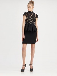 Sheer vintage romance is in the details of this distinctive silhouette, finished with delicate lace applique and a waist-defining peplum.Mock neck collarCap sleevesTop-fit bodicePencil skirtCenter back zipperAbout 22 from natural waistPolyesterDry cleanImportedModel shown is 5'11 (180cm) wearing US size 4. Sheer vintage romance is in the details of this distinctive silhouette, finished with delicate lace applique and a waist-defining peplum.Mock neck collarCap sleevesTop-fit bodicePencil skirtCenter back zipperAbout 22 from natural waistPolyesterDry cleanImportedModel shown is 5'11 (180cm) wearing US size 4.