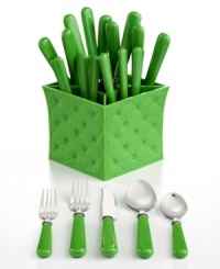 Grab and go. Great for outdoor dining and kids' tables everywhere, the Provence flatware set boasts fun kelly-green handles and a coordinating caddy. It also complements QSquared Victorian dinnerware. Grab and go. Great for outdoor dining and kids' tables everywhere, the Provence flatware set boasts fun kelly-green handles and a coordinating caddy. It also complements QSquared Victorian dinnerware.