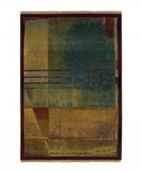 Radiating an abstract beauty, this rug features overlapping planes with a triple stripe accent cutting across the composition. Soft greens, blues, golds and reds blend into each other with a soft luminosity, framed with a rich crimson border. Radiating an abstract beauty, this rug features overlapping planes with a triple stripe accent cutting across the composition. Soft greens, blues, golds and reds blend into each other with a soft luminosity, framed with a rich crimson border.