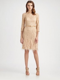 Glamorous ostrich feathers and a satin belt dress up this luxe lace design.BoatneckThree-quarter sleevesSatin beltOstrich feather-trimmed hemlineLow back with concealed zipFully linedAbout 23 from natural waist60% nylon/40% rayonSpot cleanImported of domestic fabricModel shown is 5'10 (177cm) wearing US size 4. Glamorous ostrich feathers and a satin belt dress up this luxe lace design.BoatneckThree-quarter sleevesSatin beltOstrich feather-trimmed hemlineLow back with concealed zipFully linedAbout 23 from natural waist60% nylon/40% rayonSpot cleanImported of domestic fabricModel shown is 5'10 (177cm) wearing US size 4.