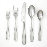 A broader handle with scooped center silhouette will provide just the right touch of modernity to your table. Features brushed stainless steel finish in a 45 piece assortment from Robert Welch (set includes service for 8 and 5 serving pieces). A broader handle with scooped center silhouette will provide just the right touch of modernity to your table. Features brushed stainless steel finish in a 45 piece assortment from Robert Welch (set includes service for 8 and 5 serving pieces).