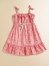A pretty woven vine print with ruffles at the neck and hem is your little girl's ultimate warm-weather frock.Tie shoulder strapsElasticized neckline with double rufflesSlightly high, elasticized waist with tieFull skirt with wide ruffled hemPullover stylingCottonMachine washImported A pretty woven vine print with ruffles at the neck and hem is your little girl's ultimate warm-weather frock.Tie shoulder strapsElasticized neckline with double rufflesSlightly high, elasticized waist with tieFull skirt with wide ruffled hemPullover stylingCottonMachine washImported