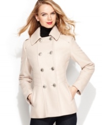 Seamed bands at the waist give Kenneth Cole Reaction's pea coat a defined, feminine look. Seamed bands at the waist give Kenneth Cole Reaction's pea coat a defined, feminine look.