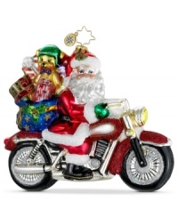 A wild sight: Santa Claus puts pedal to the medal, rocking a cherry-red hog in this whimsical ornament, handcrafted by Christopher Radko. Teddy takes a back seat, wearing a special bear-sized helmet. A wild sight: Santa Claus puts pedal to the medal, rocking a cherry-red hog in this whimsical ornament, handcrafted by Christopher Radko. Teddy takes a back seat, wearing a special bear-sized helmet.