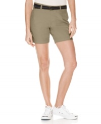A flat front and belted waist make these Dockers shorts tailored essentials! Pair them with sneakers and a tee for weekend-ready style. A flat front and belted waist make these Dockers shorts tailored essentials! Pair them with sneakers and a tee for weekend-ready style.