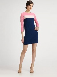 Perfect reflection of this season's colorblock trend, this swingy jersey knit has a jewelneck and retro three-quarter sleeves. JewelneckThree-quarter sleevesFront zipperAbout 17 from natural waist63% viscose/37% nylonDry cleanImportedModel shown is 5'10 (177cm) wearing US size Small. Perfect reflection of this season's colorblock trend, this swingy jersey knit has a jewelneck and retro three-quarter sleeves. JewelneckThree-quarter sleevesFront zipperAbout 17 from natural waist63% viscose/37% nylonDry cleanImportedModel shown is 5'10 (177cm) wearing US size Small.